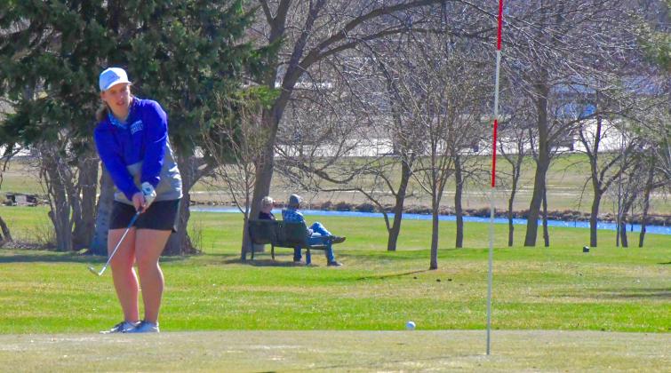 Mustang golfer Sage Gaikowski has a beautiful chip to set herself up for an easy putt during the Webster Area Invitational April 21. Gaikowski took first place at this meet with a score of 84. Reporter &amp;amp; Farmer | Connor Handrahan