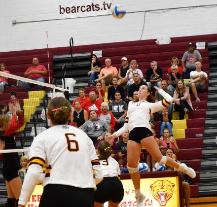 Erin Sannes attempts to spike the ball in the Webster Area Bearcats contest against the Sisseton Redmen Sept. 17. Also pictured here, are (6) Allison Case and (3) Harley Johnson. Reporter &amp;amp; Farmer | Brenner Cariveau