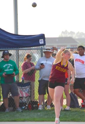 Katie Braun heaves up a shot put attempt at the Al Sahli Invite in Aberdeen May 9. Braun placed fourth with a throw of 34’4”. Reporter &amp;amp; Farmer | Subscriber snapshot