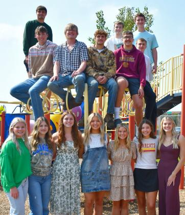 Webster Area homecoming royalty candidates Sept. 9 are, from bottom left, Mia Coester, Alivia Kuecker, Karli Sannes, Rayna Johnson, Jersey Johnson, Josie Spiering and Madison Block. Upper middle, from left are Gage Wik, Ari Sichmeller, Haeden Jorgenson, Jeron McCreary and Henry Witt. Back row, from left are Jack Shoemaker, Tevin Howder and Bryce Snell. Not pictured is candidate Maci Kurkowski. Reporter &amp;amp; Farmer | Leyton Beardslee