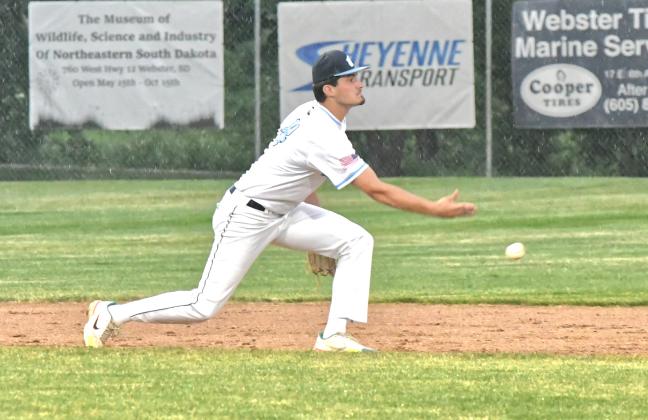 Webster Post 40 played against Britton Lumberjacks July 2. It was a rainy night in Webster and the game was eventually called at the bottom of the fourth inning. Here, shortstop Jack Shoemaker gets a grounder and tosses it to second base to secure the out. Reporter &amp; Farmer | Connor Handrahan