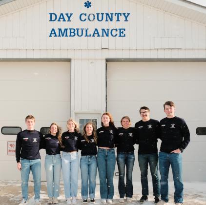 Newly implemented into Webster Area School District, Day County NextGen EMS Cadet program headed by cadet advisor Gavin Sannes aims to increase involvement among high school students in the rural EMS field. Webster Area students and Next-Gen EMS Cadets pictured Jan. 21 outside Day County Ambulance Service’s station in Webster are, from left, Bryce Snell, Kenley Grewe, Madison Block, Jersey Johnson, Karli Sannes, Sarah Zubke, Jeron McCreary and Gage Wik. Reporter &amp;amp; Farmer | Leyton Beardslee