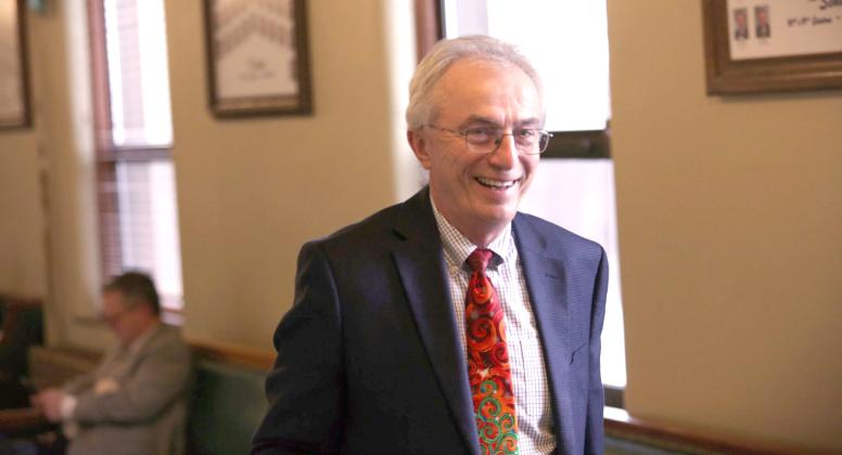 Sen. Lee Schoenbeck, R-Watertown, walks back to his Senate office in the state Capitol during the 2024 legislative session. Reporter &amp;amp; Farmer | Joshua Haiar for South Dakota Searchlight