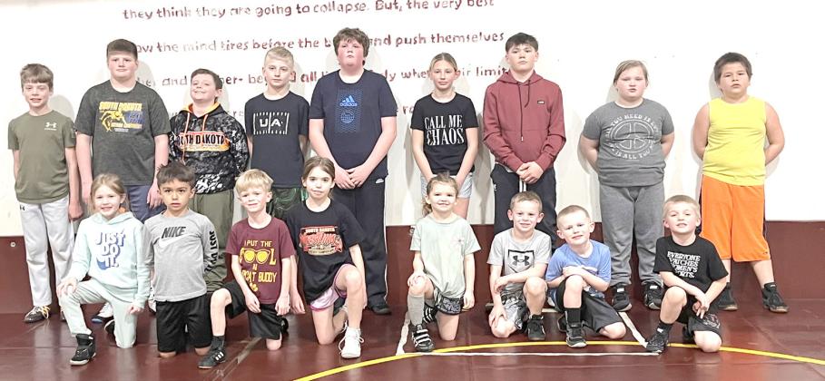 Webster Area AAU wrestlers competed in the District 7 wrestling tournament in Clear Lake March 8. All wrestlers advanced to compete in the Region 4 Wrestling Tournament March 15 in Brookings. From back left, Jett McClurg, Kane Baumgarn, Abel Bloom, Jaxson Hansen, Bryson Johnson, Ava Niles, Karstyn Schlechter, Emerie Schlechter, Hunter Fellbaum. Front left, Adeline Johnson, Camden Pool, Camdyn Huffman, Finley Marko, Mila Mays, Theodore Ure, Hayes Spiering, River Marko. Those who also made it to regions not p