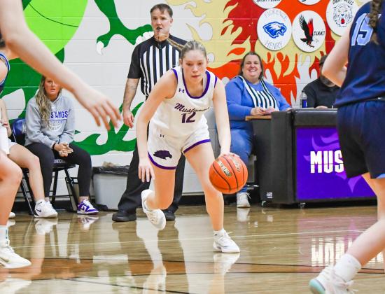 Caley Boik (12) of Waubay/Summit finds a lane during the Mustang’s 57-28 victory over Leola/Frederick Titans Jan. 3 in Waubay. Boik finished with six points in the win. Reporter &amp;amp; Farmer | Leyton Beardslee