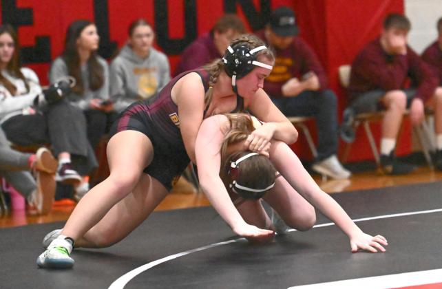 Claire Torrence of Webster Area gets the upper hand on Lydia Novy of Milbank Bulldogs during a dual meet in Sisseton Jan. 27. Torrence won the match by fall in 0:53 and earned six team points. Reporter &amp;amp; Farmer | Brianna Jorgenson, Captured Creations Photography