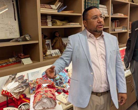J. Garret Renville, chairman of the Sisseton-Wahpeton Oyate, speaks to visitors from the State-Tribal Relations Committee about the tribe’s artifacts on July 31, 2025. (John Hult/South Dakota Searchlight) Reporter &amp;amp; Farmer | John Hult, SD Searchlight