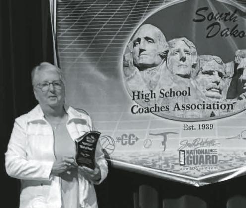 Retired Webster High School Volleyball coach Cindy Nelson poses with her award July 20 in Mitchell after being inducted into the South Dakota High School Coaches Association’s Hall of Fame. Nelson coached Webster Volleyball for 27 years from 1982 until 2008. Reporter &amp; Farmer | subscriber snapshot