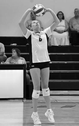 Caley Boik of Waubay/Summit sets the ball during the Mustang’s 3-1 match victory over Waverly/South Shore Sept. 11 in Summit. Boik was the team’s leading setter going 94 for 94 with 26 assists. Reporter &amp;amp; Farmer | Leyton Beardslee