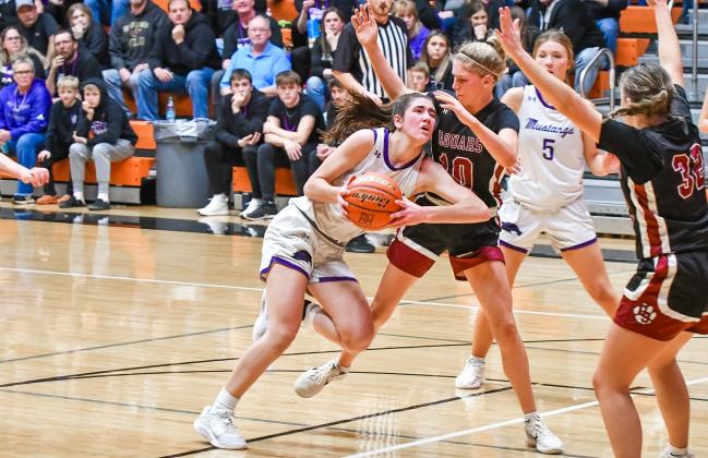 Addison Heinje of Waubay/Summit drives into Braylee Brodewyk of Corsica-Stickney during the Mustang’s 32-38 SoDak 16 loss to the Jaguars March 5 in Huron. Heinje totaled 13 points and 11 rebounds in the defeat. See more SoDak 16 photos on page 9. Reporter &amp;amp; Farmer | Leyton Beardslee