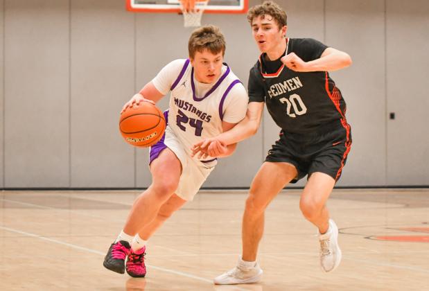 McKoy Pereboom (24) of Waubay/Summit drives the ball up court during the Mustangs narrow 45-46 loss to Sisseton Redmen Jan. 13 in Summit. Pereboom finished with three points and the Mustangs fall to a record of 3-4 on the season. Reporter &amp;amp; Farmer | Leyton Beardslee