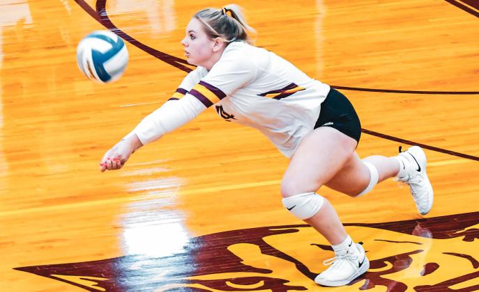 Kelsey Braun dives for the ball during Webster Area’s 3-0 match win over Waubay/Summit Oct. 28 in Webster. Set scores for the match were 25-21, 25-18 and 25-18. Reporter &amp;amp; Farmer | Leyton Beardslee