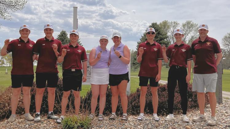 Webster varsity golf medal winners show off their hardware after the NEC golf tournament in Arlington May 9. From left to right: Thomas Kuecker, Ian Lesnar, Michael Dorsett, Mia Coester, Bailee Ninke, Blaize Amdahl, Seth Lesnar, and coach Tim Lesnar. Reporter &amp;amp; Farmer | Subscriber snapshot