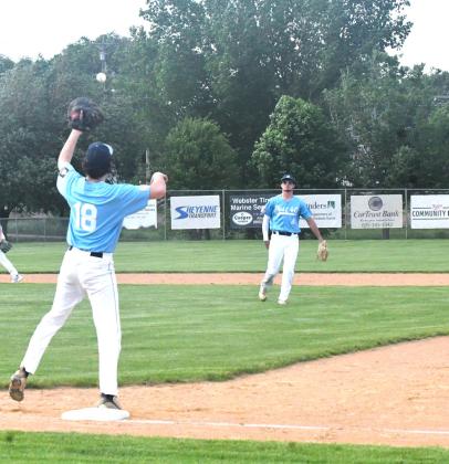 Shortstop Jack Shoemaker throws an easy out to first baseman Dylan Carlson during the top of the third. Webster’s Post 40 faced off against Claremount Honkers Post 262 and came home victorious with a six to two final. Reporter &amp;amp; Farmer | Connor Handrahan