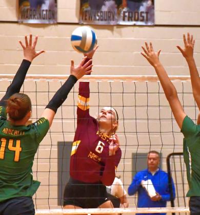 Madison Block (6) gets a hit during Webster Area’s 1-3 loss to Aberdeen Roncalli in a Class A Region 1 semifinal match Nov. 6 in Groton. Set scores for the match were 28-26, 24-26, 20-25 and 16-25. Reporter &amp;amp; Farmer | Connor Handrahan