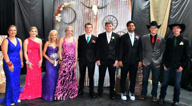 Waubay student council members Sage Gaikowski ninth grade, Kayce Berger 11th grade, Megan Christensen 12th grade, Caley Boik 10th grade, Witten Butler 10th grade, Nolan Thuringer 12th grade, Traveion Neilan 12th grade, Tripp Gaikowski 11th grade and Teegan Gaikowski 11th grade, pose for a picture at Waubay High School’s prom April 25. Reporter &amp;amp; Farmer | Leyton Beardslee