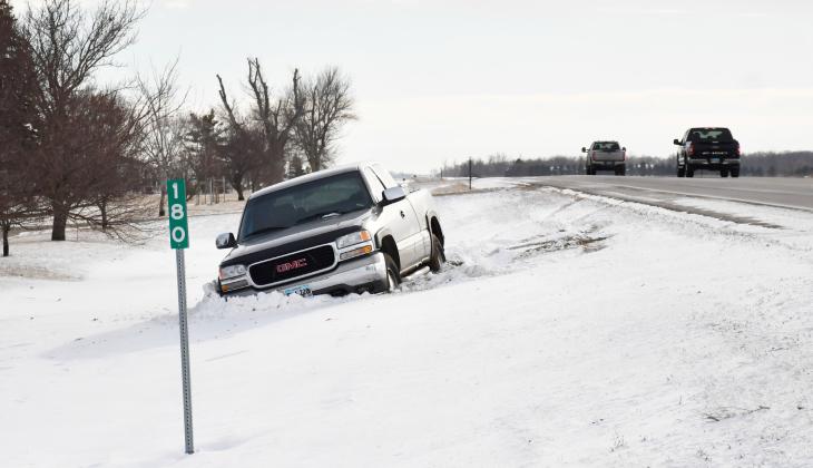A truck sits in the ditch near the Webster cemetery along of Hwy. 25 as other trucks pass by in the difficult driving conditons. Attempts to contact the Day County Sheriff’s Office to get a report on this truck, but comments were not received. Reporter &amp;amp; Farmer | Brenner Cariveau