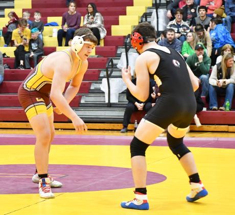 Webster Area Bearcats hosted the Webster Area Triangular Jan. 30 at the armory against the wrestling teams from Sisseton and Milbank. Here, Nathan Hubsch prepares for an attack against Sisseton’s Justin Muehler. The match was decided in a major decision where Hubsch lost 4-14. Reporter &amp;amp; Farmer | Brenner Cariveau