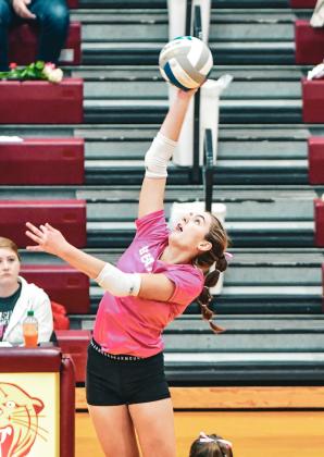 Marlee Dornbusch of Webster Area elevates for a hit during the Bearcats 3-1 match win over Langford Area Oct. 21 in Webster. Set scores for the match were 25-9, 21-25, 25-9 and 25-19. Reporter &amp;amp; Farmer | Leyton Beardslee