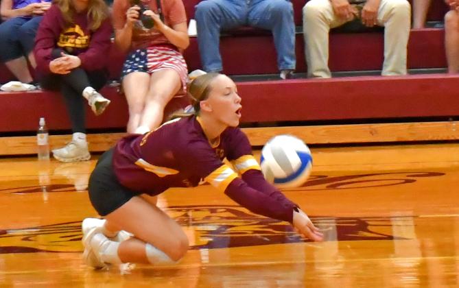 Webster Area Bearcats had a dominating win against Deuel Aug. 28. Here, Emari Kaufman gets a diving save to help keep the rally going. Reporter &amp; Farmer | Connor Handrahan