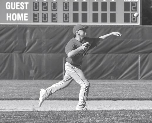 Karstyn Schlecter of Webster VFW Teeners makes a throw to first for the out during the Teeners 6-5 win in their first game against Clear Lake at Bob Wiley Field July 8. Schlecter scored a run during the game to aid the Teeners in their victory. Reporter &amp;amp; Farmer \\ Leyton Beardslee