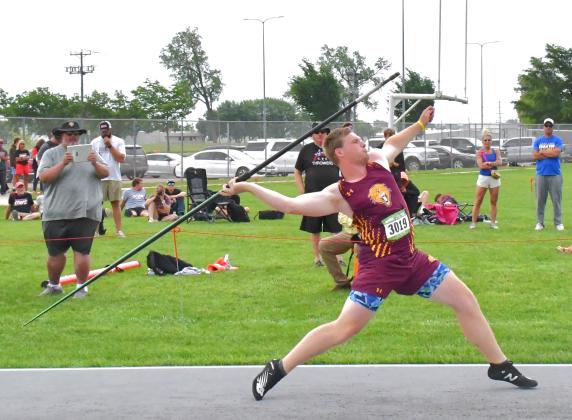 Webster Area track and field attended the state meet May 28-30 in Sioux Falls at Howard Wood Field. Matthew Mount takes his second attempt during the javelin throw. Mount got 168’ 4” on his first attempt, which was good enough to place first. On his second attempt he threw 176’ 9” which not only solidifed his first place, but was also a new state meet record. Reporter &amp;amp; Farmer | Connor Handrahan