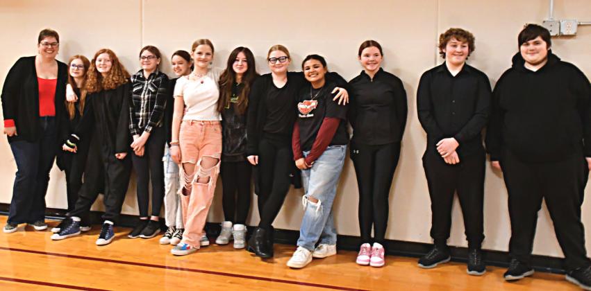 Webster Area School students show their one act play, Bus Stop Jan. 25. From left, director Alicia Garrett, Lidia Franson, Kalli Holman, Cheyenne Powel, Taylee Cyrus, Kloey Garrett, Joanna Lone, Karley Lone, Ava Huggett, Arianna Altstadt, Liam Dauwen, Will Inderrieden. Reporter &amp;amp; Farmer | Connor Handrahan