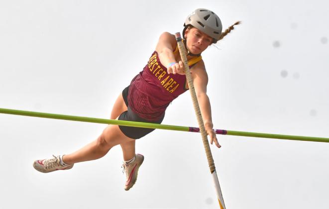 Kenley Grewe cleared the bar during a pole vault attempt at the SDHSAA Class A State Track &amp;amp; Field meet in Sioux Falls May 30. Grewe placed 14th with a height of 9’3”. Reporter &amp;amp; Farmer | Leyton Beardslee