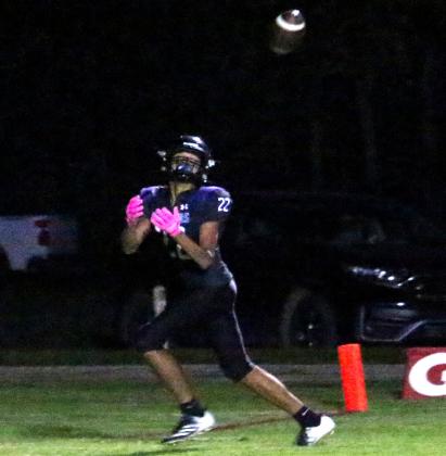 Sophomore wide receiver Victor Rockwood hauls in a touchdown pass for the Waubay/Summit Mustangs against Waverly/South Shore Oct. 2 at Waubay High School. The Mustangs hold a 5-1 record after defeating the Coyotes by a score of 60-0. Reporter &amp; Farmer | Timothy Gibson