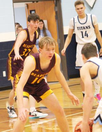 Bearcats traveled to face Leola/Frederick Area Titans Feb. 15 which ended in a 42-70 Webster Area loss. Here, Sheldon Schmieg (10) watches a Titan player closely while his teammate Gage Wik (32) guards Lucas Gulbranson (14) near the paint. Reporter &amp;amp; Farmer | Subscriber Snapshot