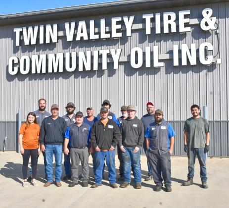 Twin Valley Tire &amp;amp; Community Oil Inc. employees are, from front left, Brianna Smith, co-owner Danny Kjos, store manager Dennis Bremmon, employees AJ Meland, Levi Anderson, Jake Johnson and Anthony Fuentes. Back row, from left, are Curtis Reiprich, Cullan Dargatz, Chad Wasilk, Noah Duenwald, Tim Bent and Jamie Miotke. Not pictured is Abby Carlson.