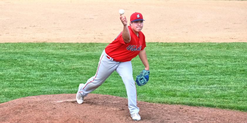 Tucker Acree hurls a pitch during the third inning of the Webster VFW Post 4690 Teeners first game against Milbank June 10 at Bob Wiley Field in Webster. Acree pitched three and two-thirds innings giving up five hits, one run and six walks while striking out two in the Teeners 1-9 loss. Reporter &amp;amp; Farmer | Leyton Beardslee