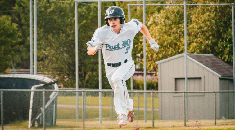 Martin Dorsett of Webster Legion Post 40 sprints home to score the winning run in the bottom of the fifth inning of Webster’s 2-1 win over Sisseton June 30. Dorsett led off the inning with a single and was batted in by Blaize Amdahl. Reporter &amp;amp; Farmer | Leyton Beardslee