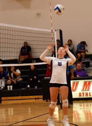 JoZee Snyder aims to set up one of her teammates in Waubay/Summit’s matchup against Tiospa Zina Sept. 10. The Mustangs would go on to lose the contest in four sets. Reporter &amp;amp; Farmer | Brenner Cariveau