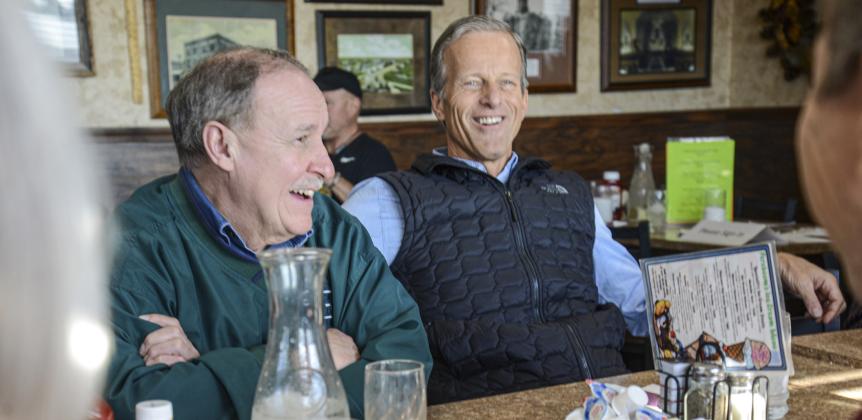 Webster Mayor Mike Grosek was among members of the public to greet U.S. Sen. John Thune, right, when he visited constituents in 2021. Thune has now been voted to serve as the Senate majority leader. Reporter &amp;amp; Farmer | file photo by Amanda Dulitz