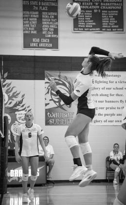 Addison Heinje (10) of Waubay/Summit Mustangs spikes the ball watched on by Caley Boik (6) during their 3-0 match win over Leola/Frederick in Waubay Aug. 28. Heinje led the team in digs with 25 and also managed 10 kills. Reporter &amp;amp; Farmer | Leyton Beardslee