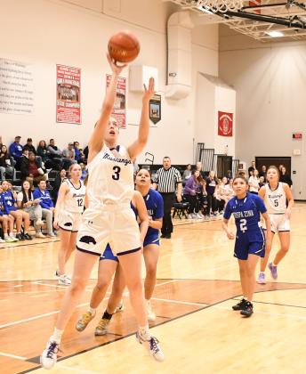 Waubay-Summit hosted Tiospa Zina Feb. 25 in a first round matchup in the Class B Regions bracket which resulted in a 55-54 Mustangs win. Here, Faith Larson (3) floats the ball towards the basket as her teammates Caley Boik (12) and Liza Purdy (5) stand behind Wamdbi defender Latice Rodlund (2). Reporter &amp;amp; Farmer | Robert Dulitz