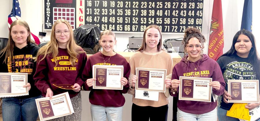 Webster Area School Bearcat wrestling awards were presented March 29. Pictured from left are varsity letter recipients Claire Torrence, most improved; Claire Halvorson, coaches award; Abbi Mays, Macee McGregor, hardest worker (most wins, pins, takedowns, escapes, near falls, tech falls-tie); Jocelyn Rumpca, most valuable (most tech falls-tie and reversals) and Cante Williams. Reporter &amp;amp; Farmer | Subscriber snapshot