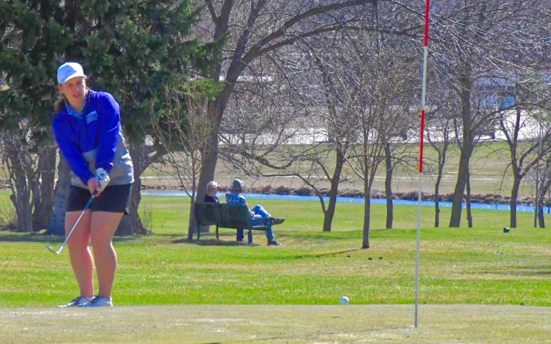 Mustang golfer Sage Gaikowski has a beautiful chip to set herself up for an easy putt during the Webster Area Invitational April 21. Gaikowski took first place at this meet with a score of 84. Reporter &amp;amp; Farmer | Connor Handrahan