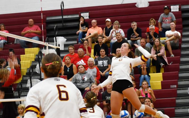Erin Sannes attempts to spike the ball in the Webster Area Bearcats contest against the Sisseton Redmen Sept. 17. Also pictured here, are (6) Allison Case and (3) Harley Johnson. Reporter &amp;amp; Farmer | Brenner Cariveau