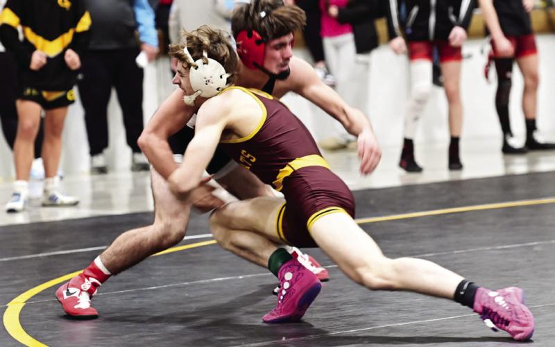 Webster Area wrestlers competed at the MVPCS Invitational in Plankinton Dec. 21. Here, Webster Area wrestler Haeden Jorgenson competes against Gavin Braun from Kimball/White Lake/Platte-Geddes in the first place match for the 138 pound weight class. Reporter &amp;amp; Farmer | Dax Jorgenson
