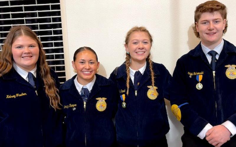 Webster FFA members competed at State Leadership Development Events (LDE) Convention in Box Elder Dec. 7-8. Pictured from left are Kelsey Fischer, 14th in employment skills; Jocelyn Rumpca, eighth in extemporaneous speaking; Bryn Sippel, 14th in extemporaneous speaking and Caleb Gaikowski, 13th in ag broadcasting. Reporter &amp;amp; Farmer | Subscriber snapshot