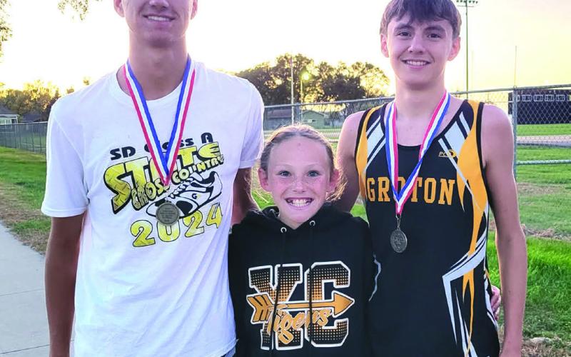Groton cross country first place finishers at Sisseton XC meet Oct. 2 in Sisseton are, from left, Jayden Schwan for the varsity boys 5k, Avery Huber for the middle school girls 3k and Riley Shellenberger for the junior varsity boys 4k. Reporter &amp;amp; Farmer | Subscriber snapshot