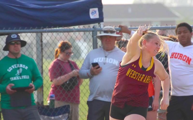 Katie Braun heaves up a shot put attempt at the Al Sahli Invite in Aberdeen May 9. Braun placed fourth with a throw of 34’4”. Reporter &amp;amp; Farmer | Subscriber snapshot