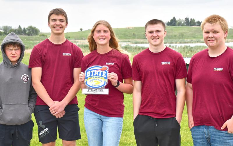Webster Area junior varsity trap shooting team from left Karstyn Schlechter, Jase Voss, Chloe Kvernevig, Jaxson Nimmer and Sean Sichmeller. The team placed second at the class 1A South Dakota Trap Shooting State tournament in Aberdeen June 7 hitting 421 out of 500 targets. Reporter &amp;amp; Farmer | Leyton Beardslee