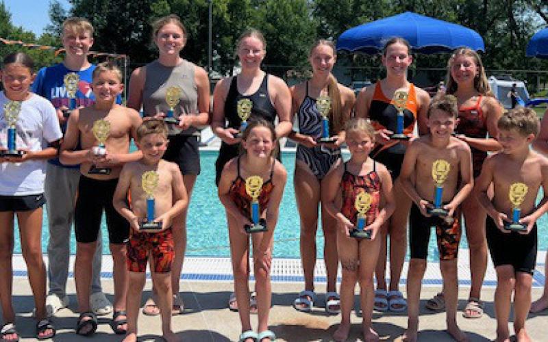 Webster swim team trophy winners from the Webster High Point meet June 27-- 28 at the Webster, are from front left, Portlyn Johnson, Keisha Rencountre, Landen Lee, Harrison Fosheim, Libby Huggett, Bella Ewing, Jonathan Fosheim and Hunter Nelson. From back left is Jackson Baumgarn, Karli Sannes, Callie Shoemaker, Emari Kaufman, Samantha Ermer, Remi Hubsch and Casen Fish. Reporter &amp;amp; Farmer |