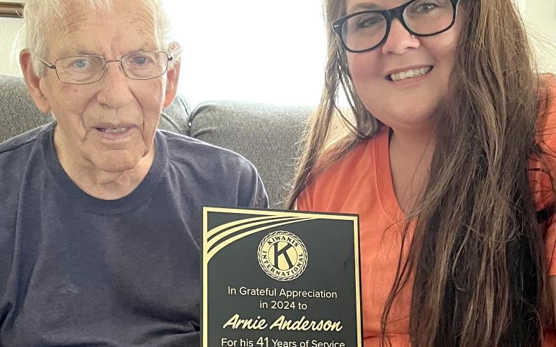 Webster Kiwanis president Teresa Lone, right presented a plaque to Arnie Anderson in appreciation of 41 years of service to the Webster organization. The recognition was part of Webster Kiwanis Club’s 100th anniversary celebration. Reporter &amp;amp; Farmer | Subscriber snapshot
