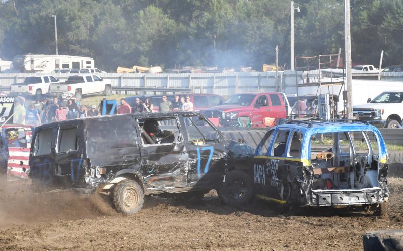Many people flocked to the Day County Fairgrounds Aug. 10 for the demolition derby that took place in the evening. The derby proved to be an adrenaline filled event as old cars continuously rammed into each other. Between car-fires, flying car parts and a roaring crowd it is safe to assume that the event was on a collision course for success as it becomes a staple of the Day County Fair. Reporter &amp;amp; Farmer | Brenner Cariveau
