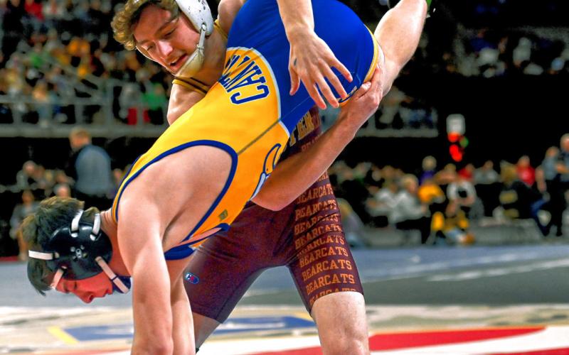Haeden Jorgenson of Webster Area Bearcats dumps Shane Sehr of Canton during their quarterfinal match at SDHSAA Boys State Championships Feb. 26-28 in Sioux Falls. Jorgenson won the match by fall in 0:59 and went