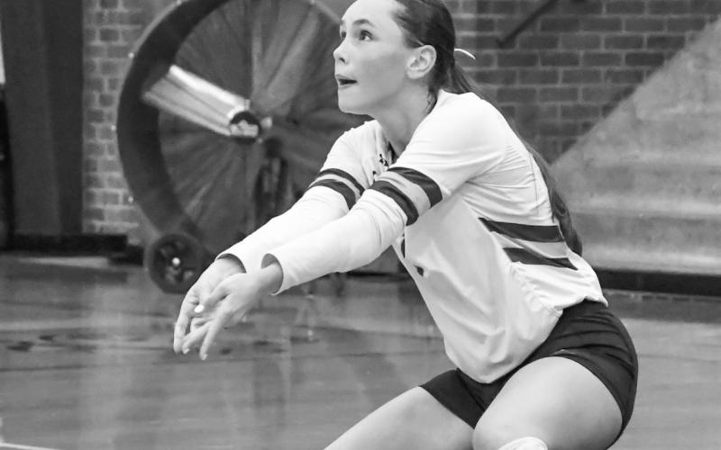 Jayden Lorensberg (1) of Webster Area receives a hit during the Bearcats 0-3 match loss against Warner Monarchs at Webster Armory Sept. 2. Reporter &amp;amp; Farmer | Leyton Beardslee